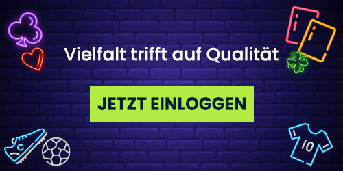Neon Symbole aus Sport und Glücksspiel vor einer blauen Backsteinwand mit Login Aufruf