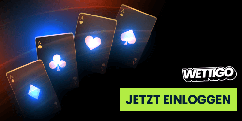 Spielkarten mit Leuchteffekten vor dunklem Hintergrund und Login Hinweis