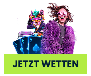 Frau mit auffälliger Kleidung vor digitalen Spielkarten und animiertem DJ