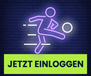 Neon Darstellung eines Fußballspielers beim Schuss vor dunkler Ziegelwand